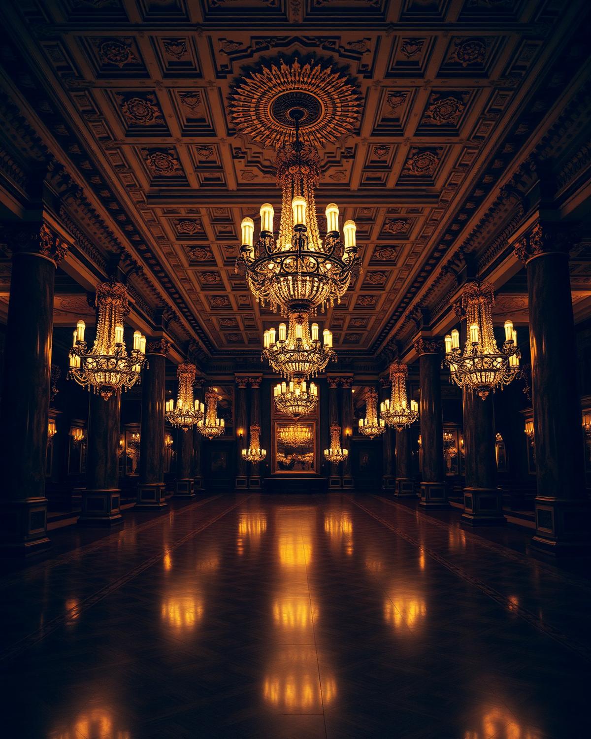 Interior of a 19th-century European casino salon, lit by brass chandeliers